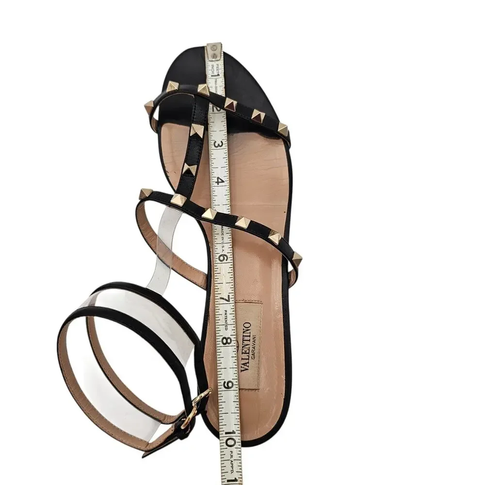 Valentino Garavani Rockstud Cage Flat Sandal Black Leather Gold Size 39.5 9.5